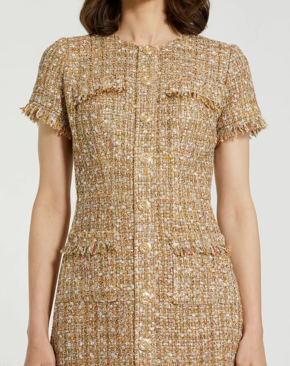 Beige Boucle Short Sleeve Mini Dress With Pockets