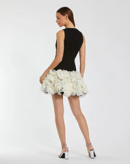 Black and White Sleeveless Mini Dress with 3D Floral Skirt