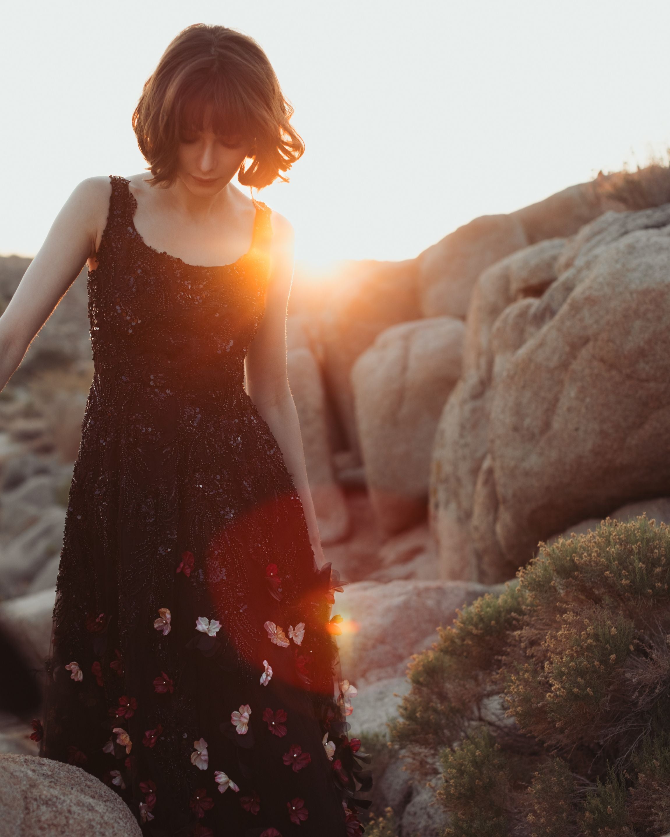 Black Sleeveless Beaded Midi Dress With 3D Flowers