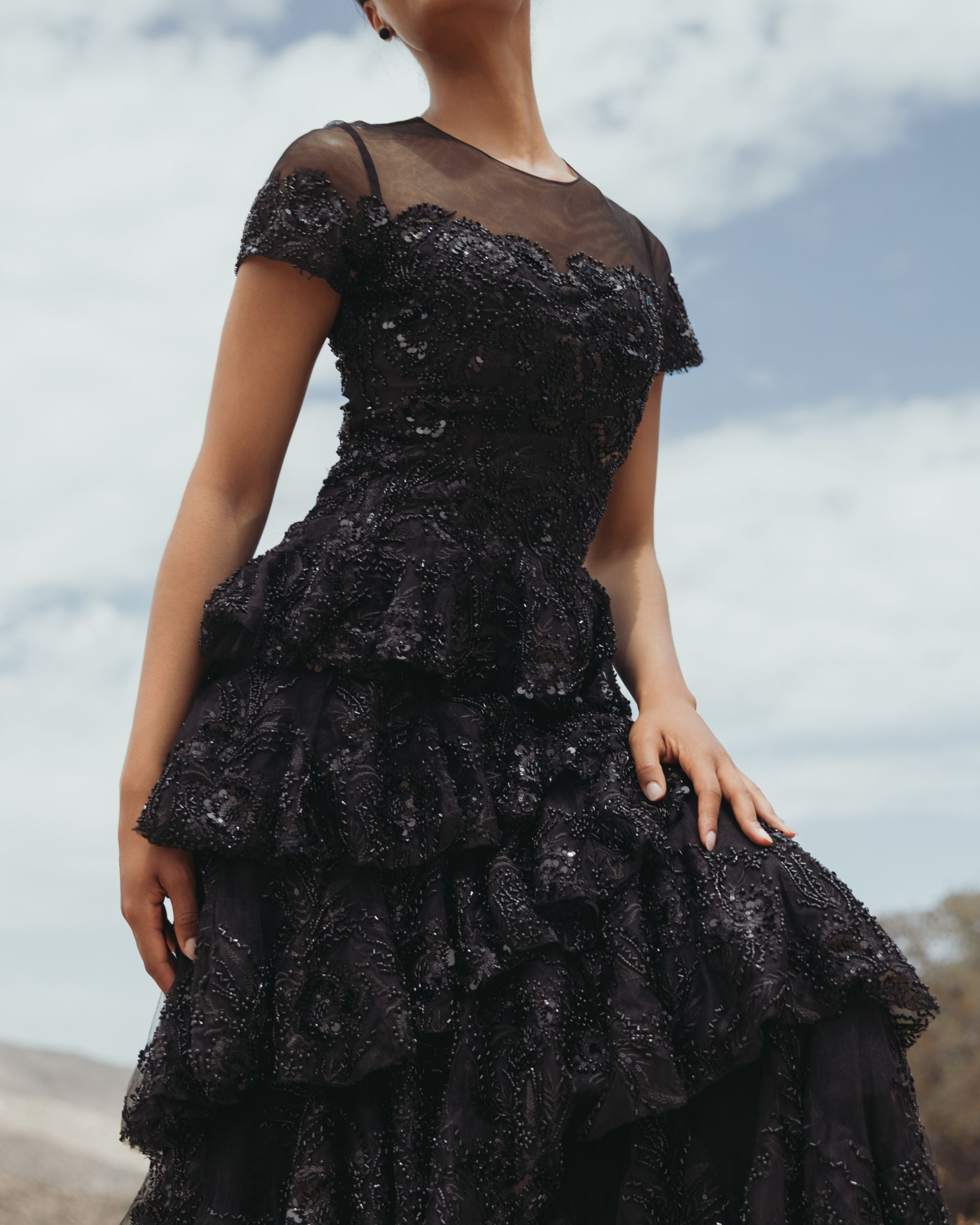 Black Short Sleeve Tiered Evening Gown with Embellishments