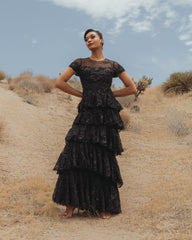 Black Short Sleeve Tiered Evening Gown with Embellishments