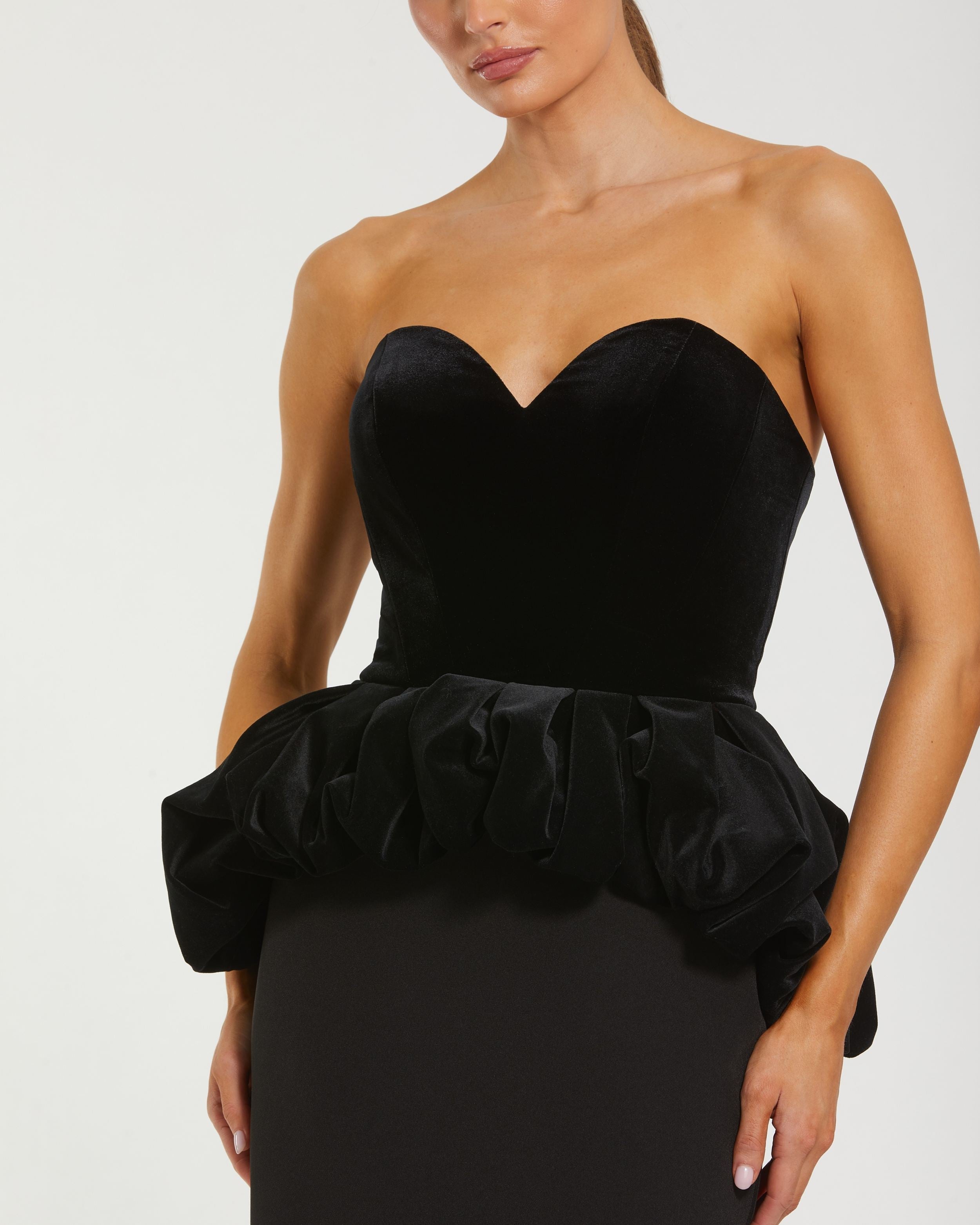 Black Strapless Velvet Peplum Gown