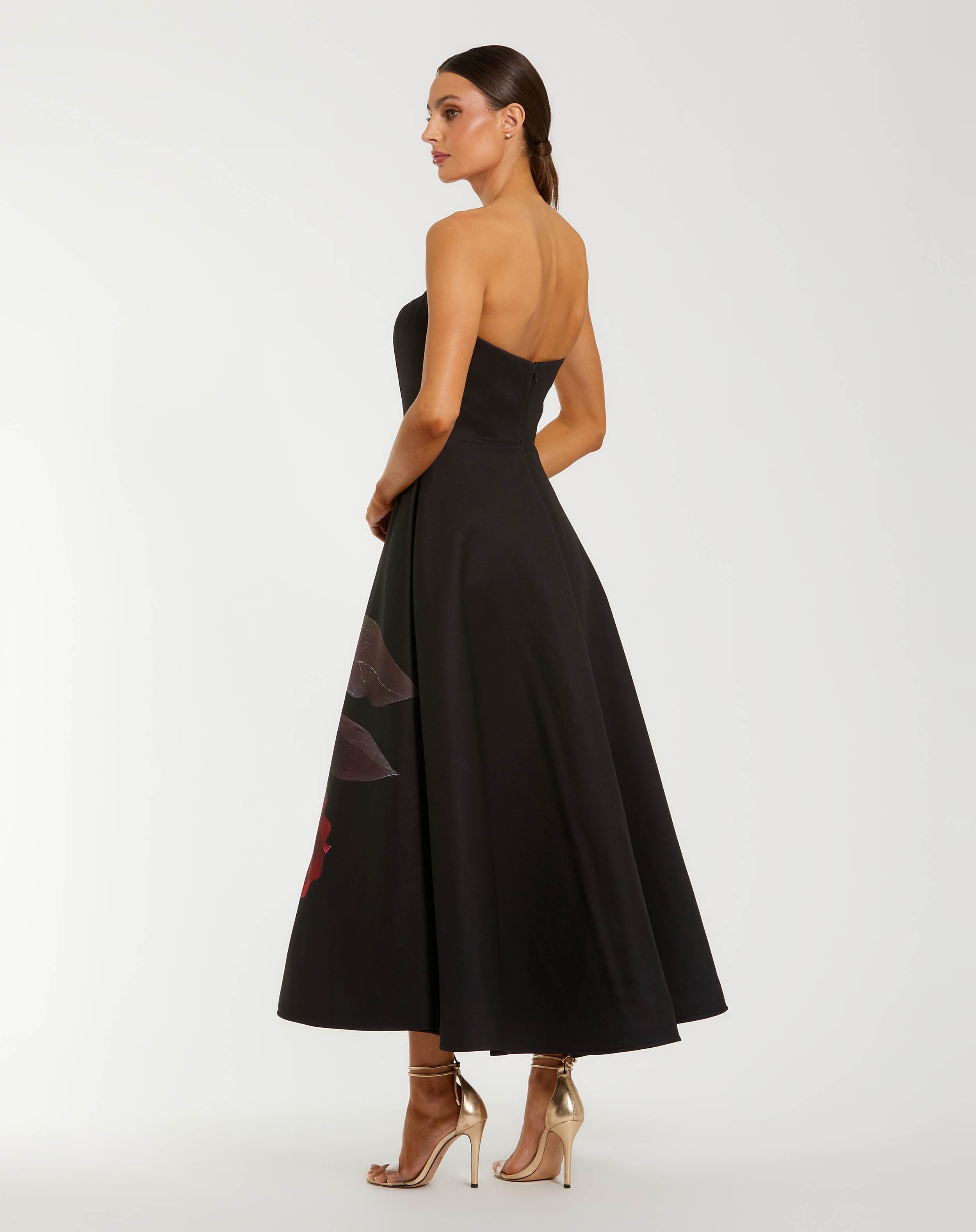 Black Crepe Printed Strapless Midi Dress With Pockets