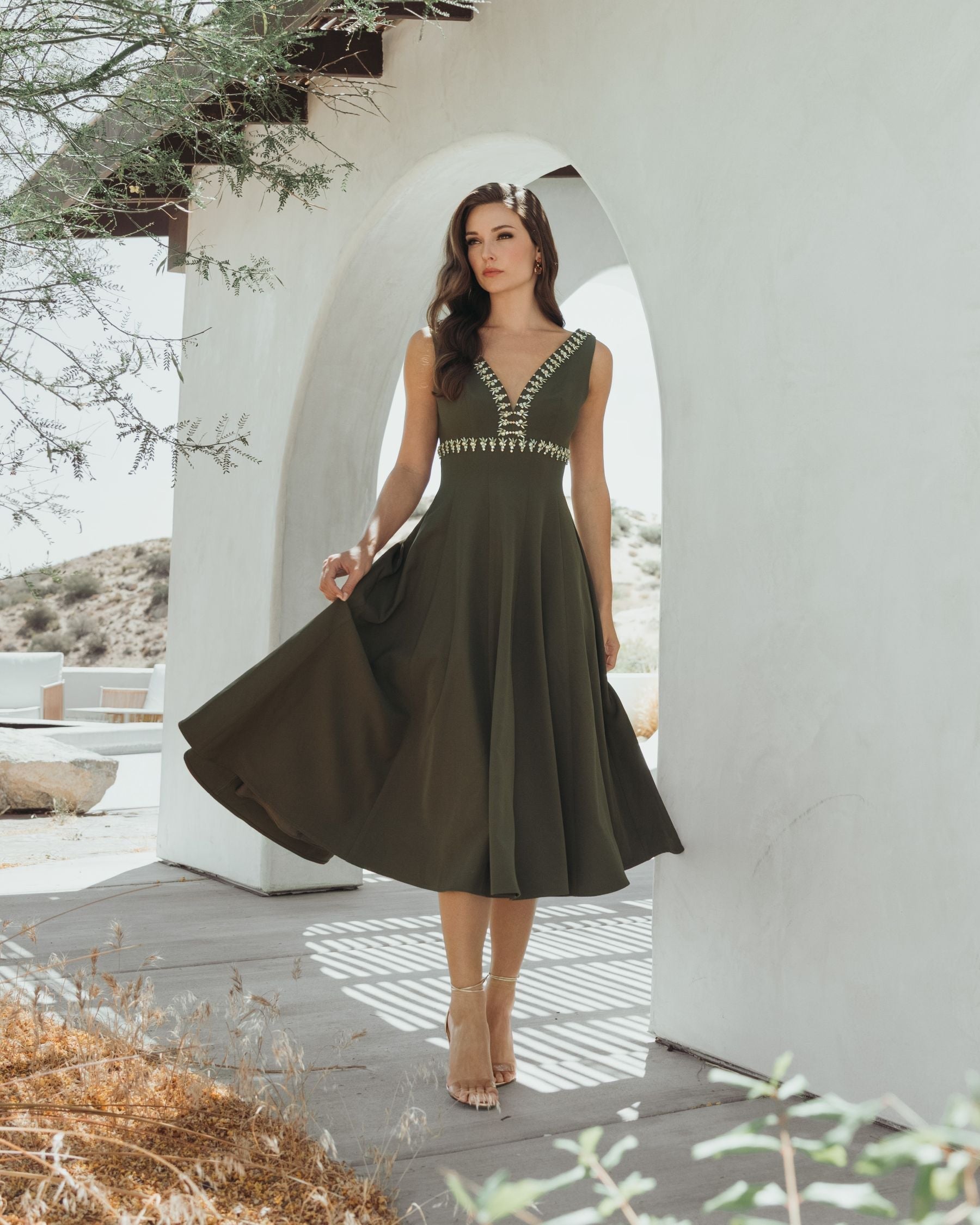 Green Rhinestone Embellished Crepe A Line Midi Dress