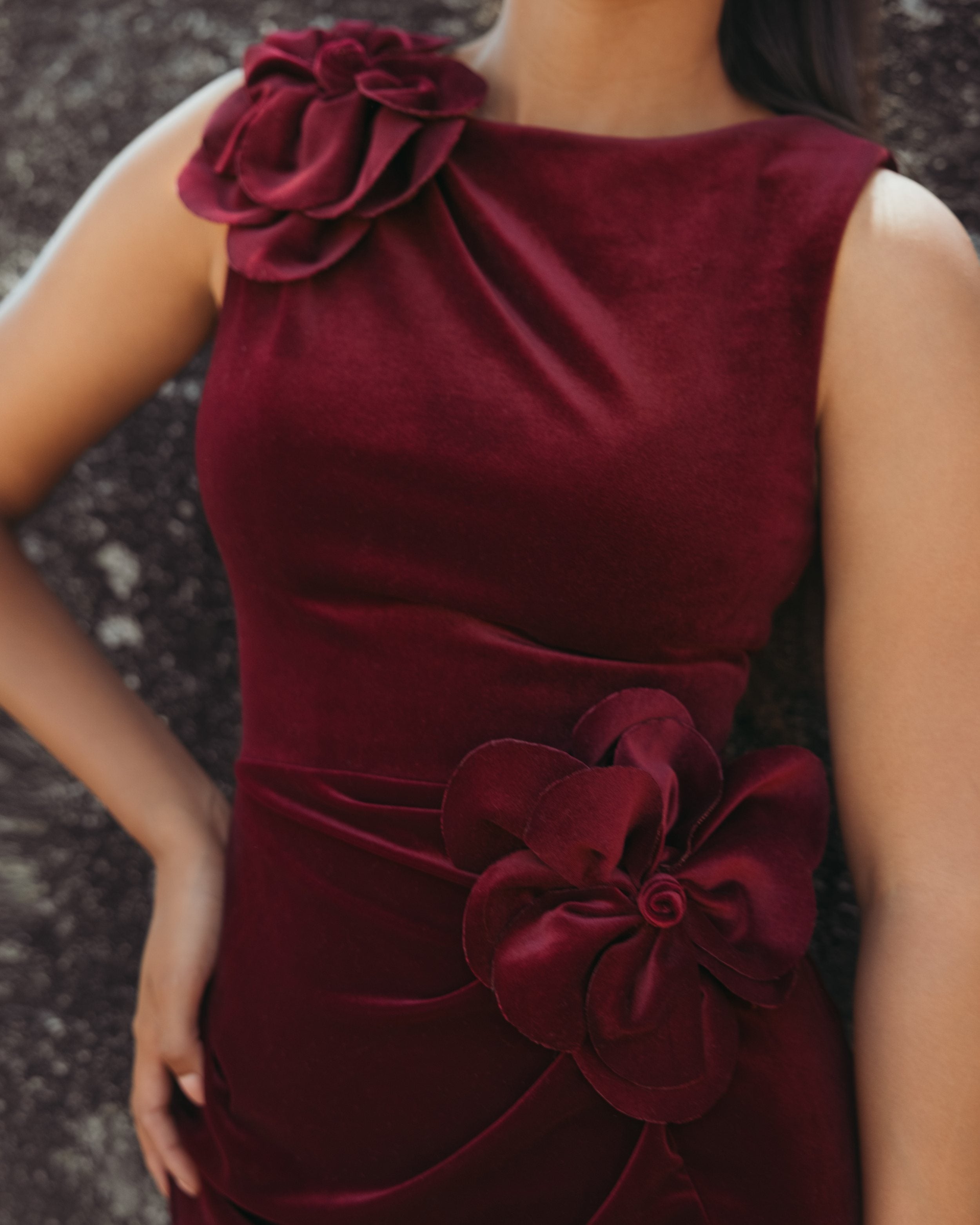 Dark Red High Neck Velvet Column Gown With 3D Flowers