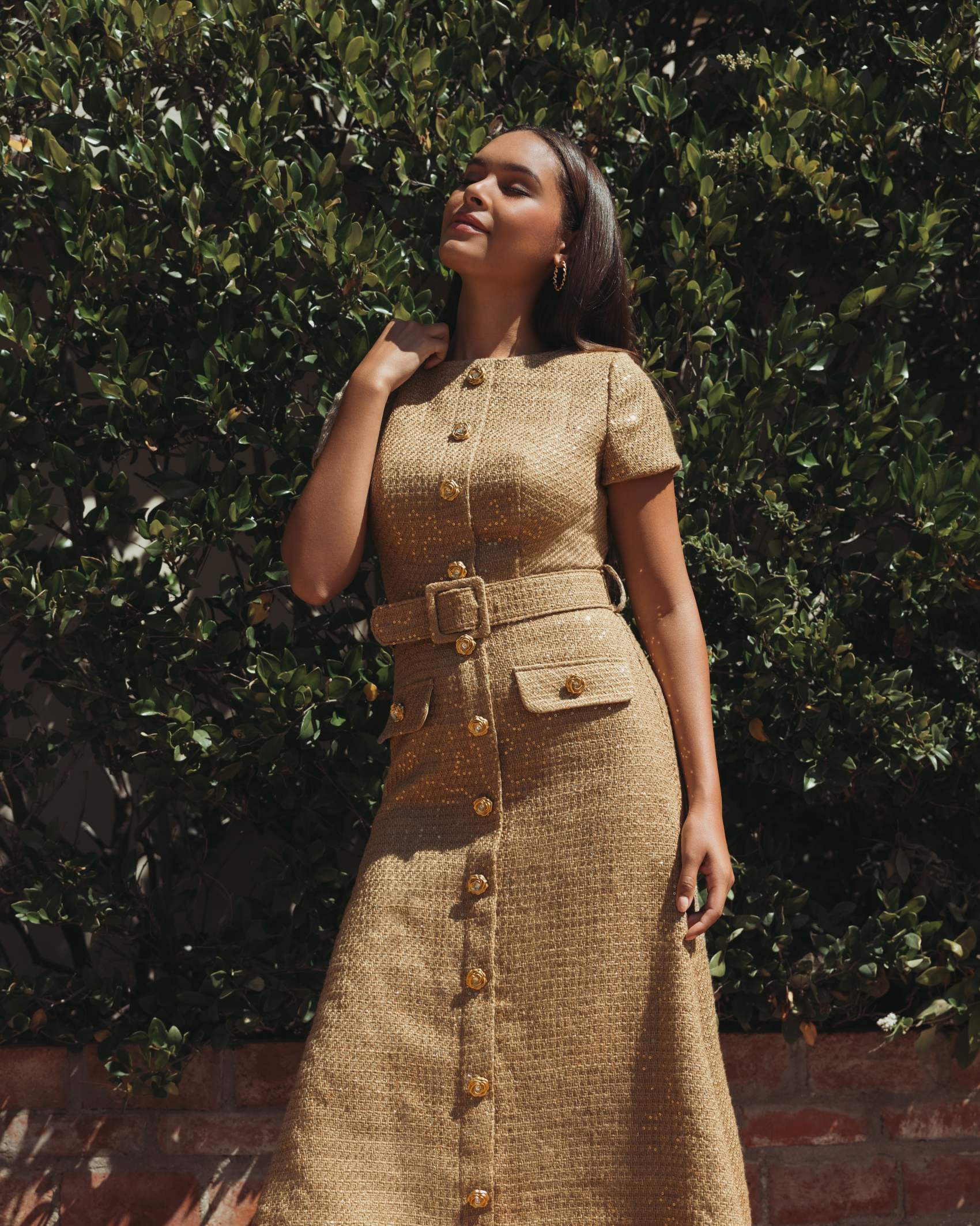 Gold Boucle Cap Sleeve High Neck Button Up Midi Dress