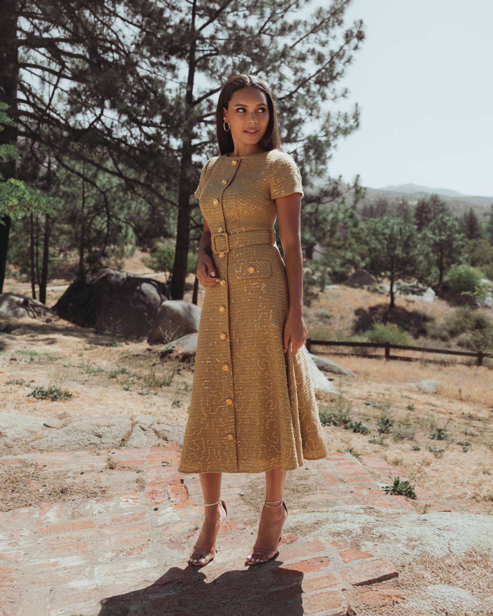 Gold Boucle Cap Sleeve High Neck Button Up Midi Dress