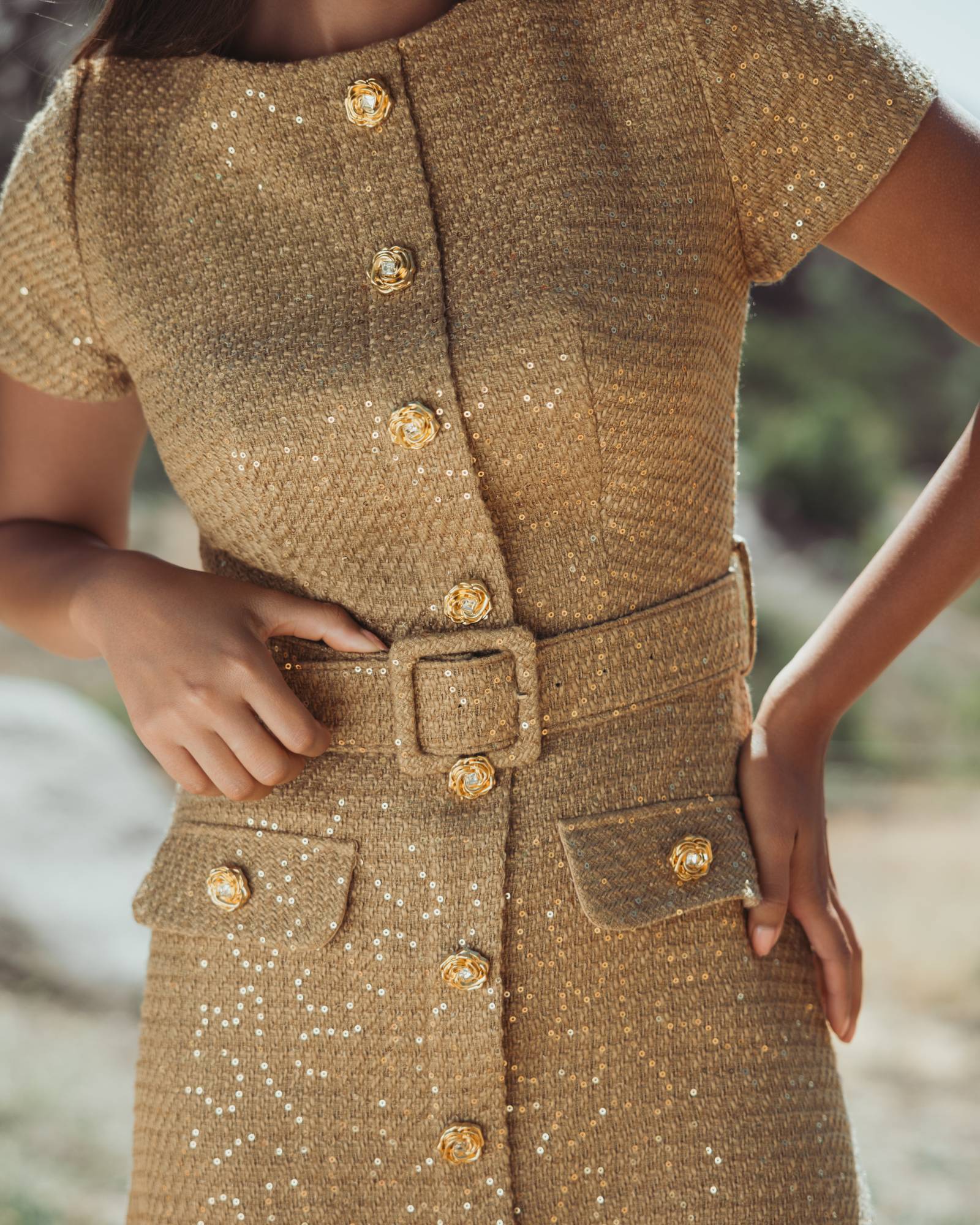 Gold Boucle Cap Sleeve High Neck Button Up Midi Dress