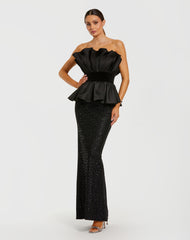 Black Strapless Satin Peplum Sequin Column Gown