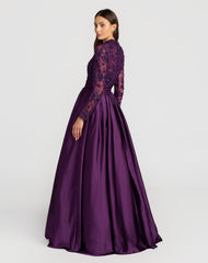 Purple Embroidered Long Sleeve Satin Ball Gown