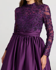 Purple Embroidered Long Sleeve Satin Ball Gown