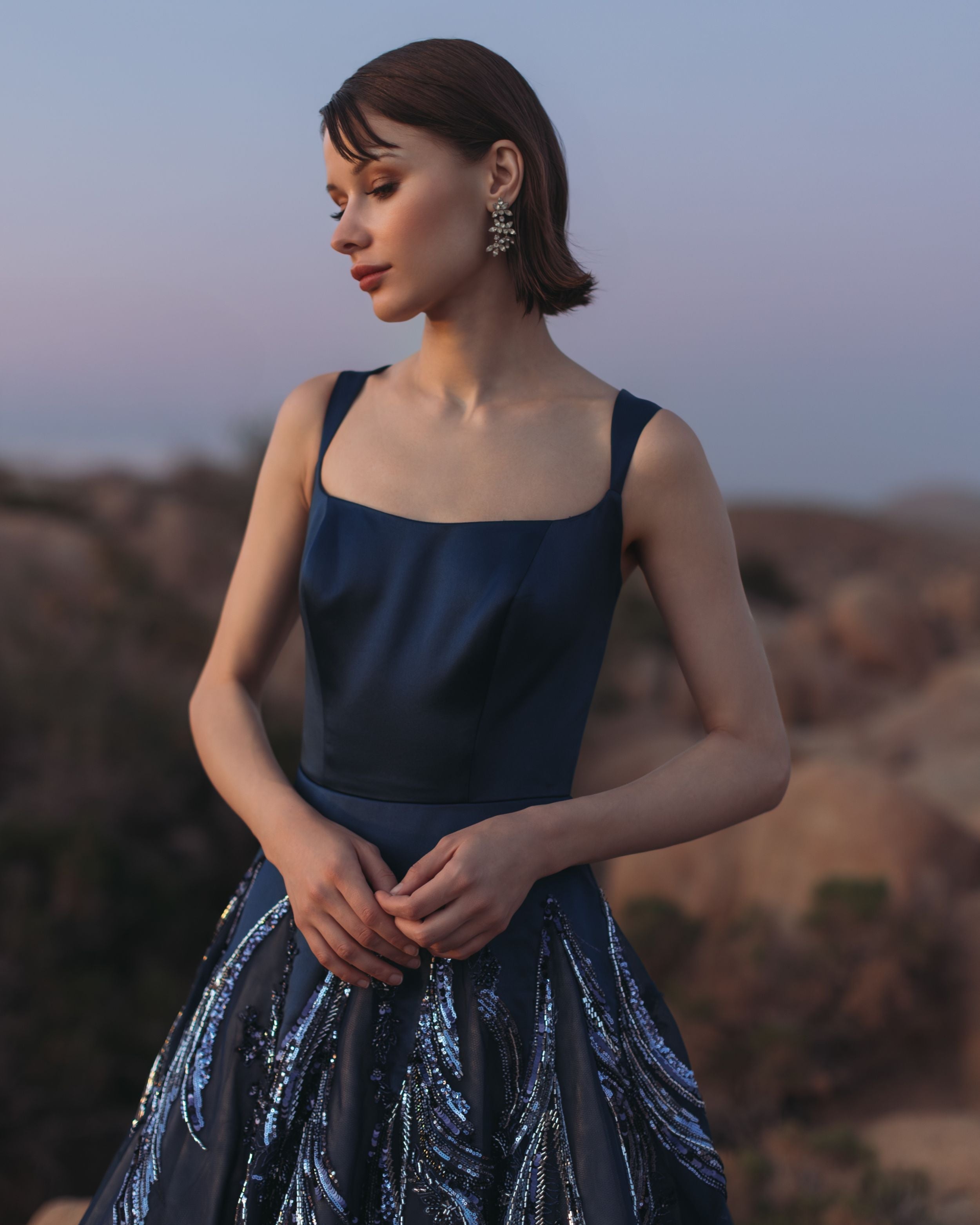 Navy Embellished Satin Ball Gown With Tulle Skirt