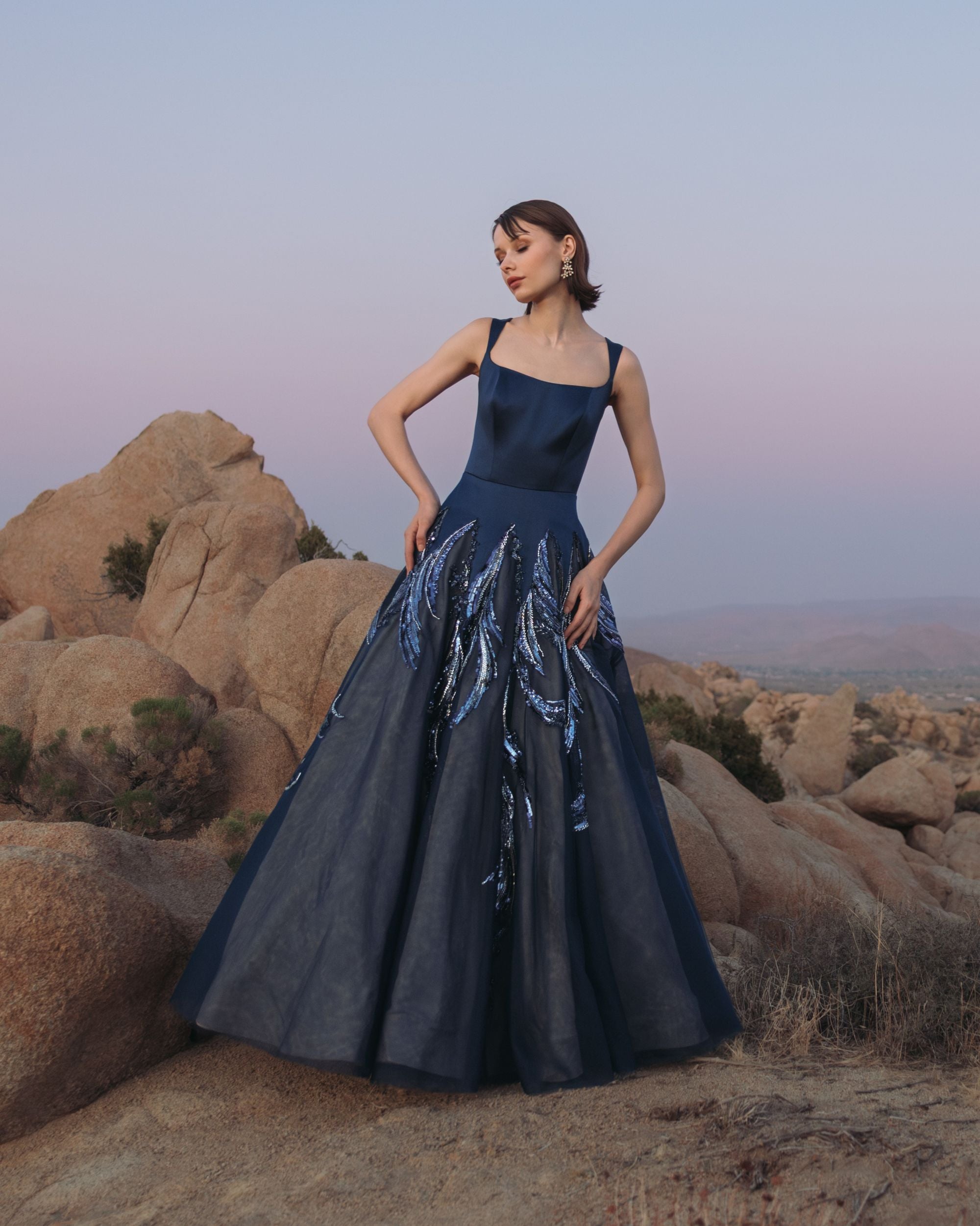 Navy Embellished Satin Ball Gown With Tulle Skirt