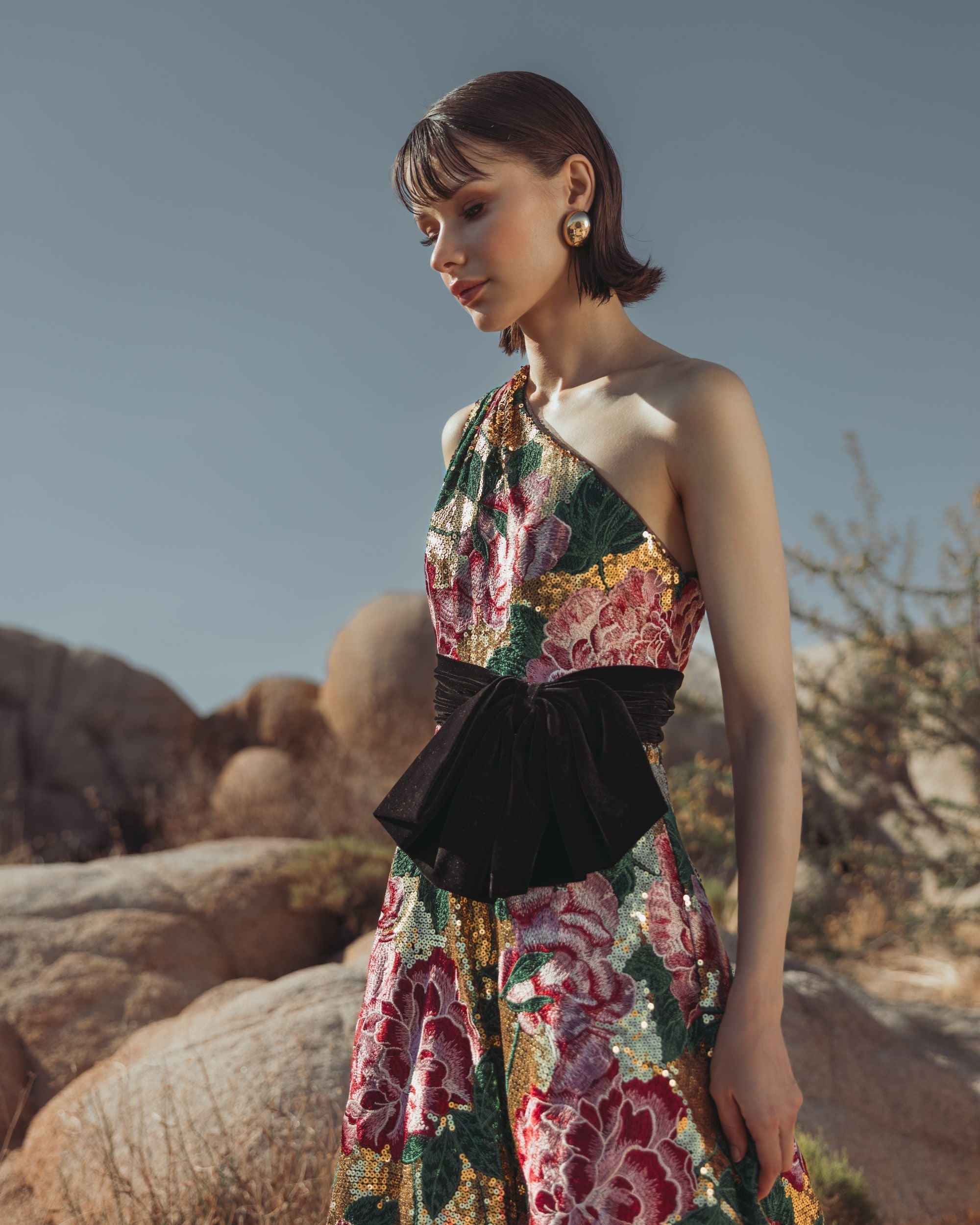 Multicolor One Shoulder Sequin Ball Gown With Velvet Bow