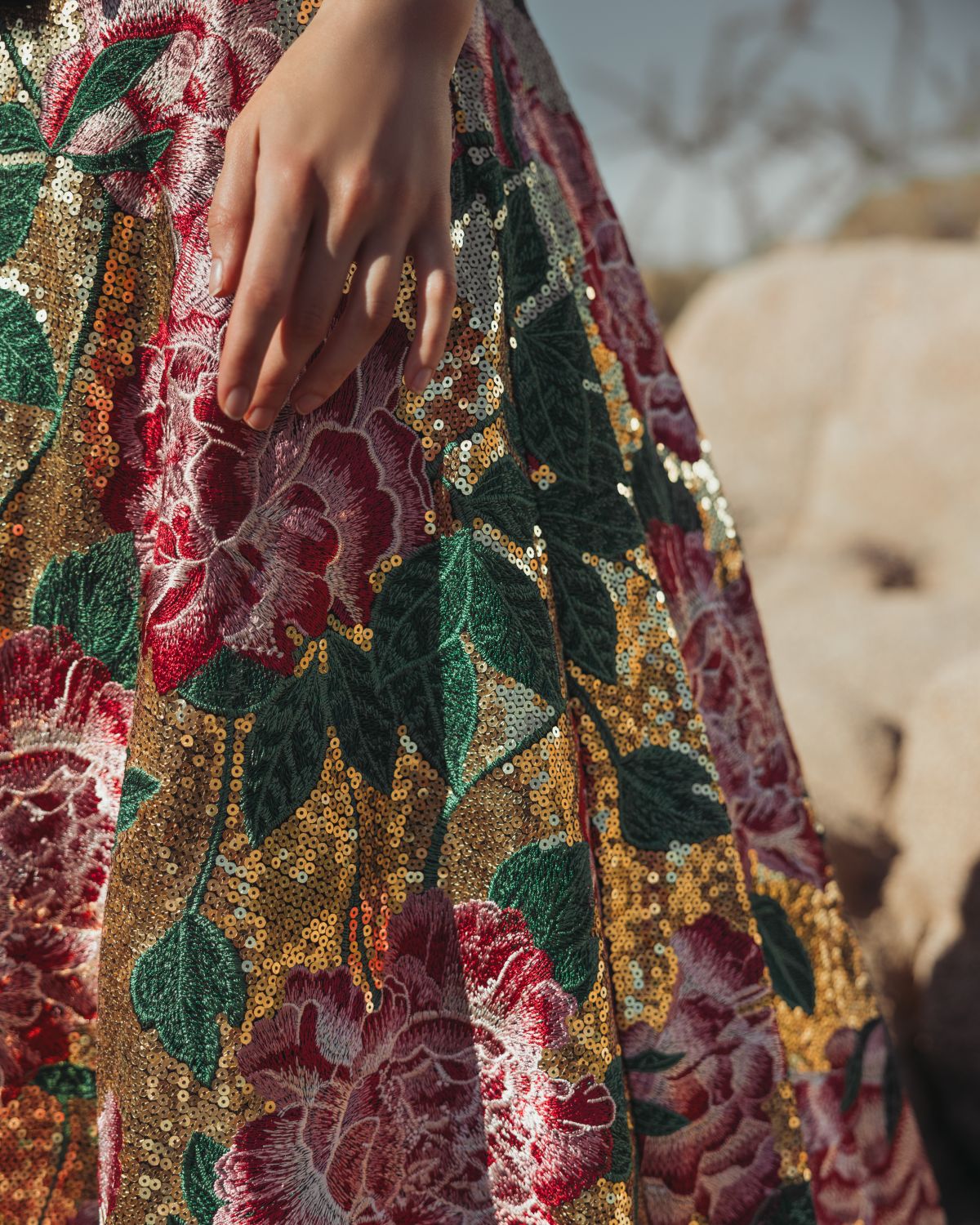 Multicolor One Shoulder Sequin Ball Gown With Velvet Bow