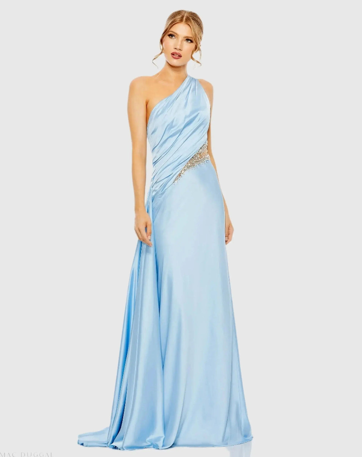 Blue One Shoulder Charmeuse Gown With Beaded Cutout