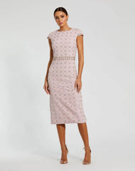 Pink Hand Embellished High Neck Midi Dress