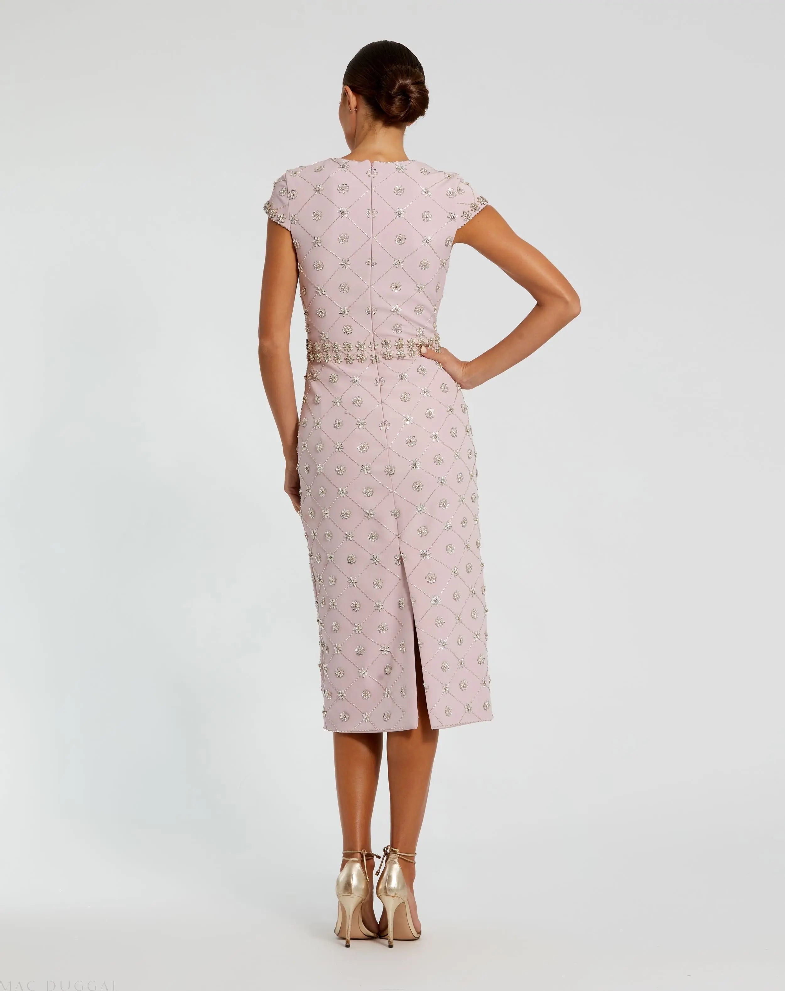 Pink Hand Embellished High Neck Midi Dress