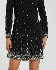Black Embellished Crepe Long Sleeve Mini Dress