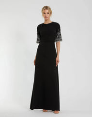 Black Crepe A Line Gown With Beaded 3/4 Sleeves