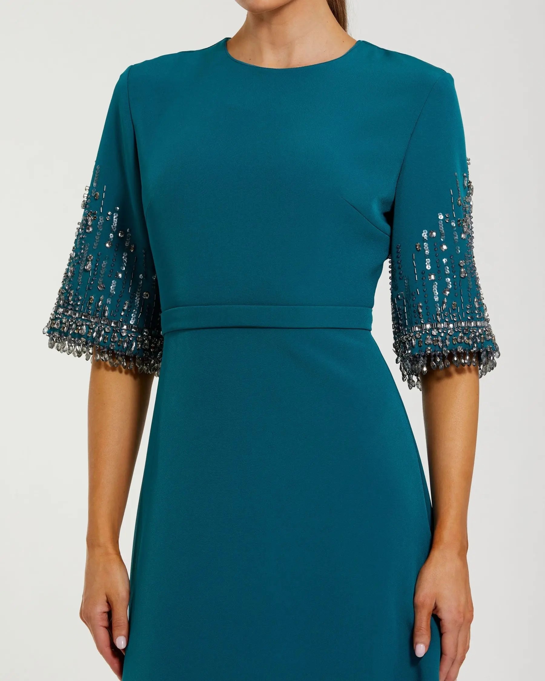 Blue Crepe A Line Gown with Beaded 3/4 Sleeves