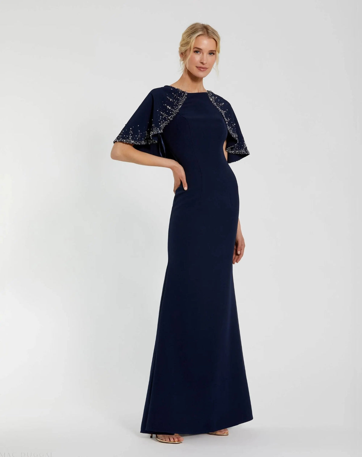 Navy Crepe High Neck Fitted Gown With Beaded Shawl