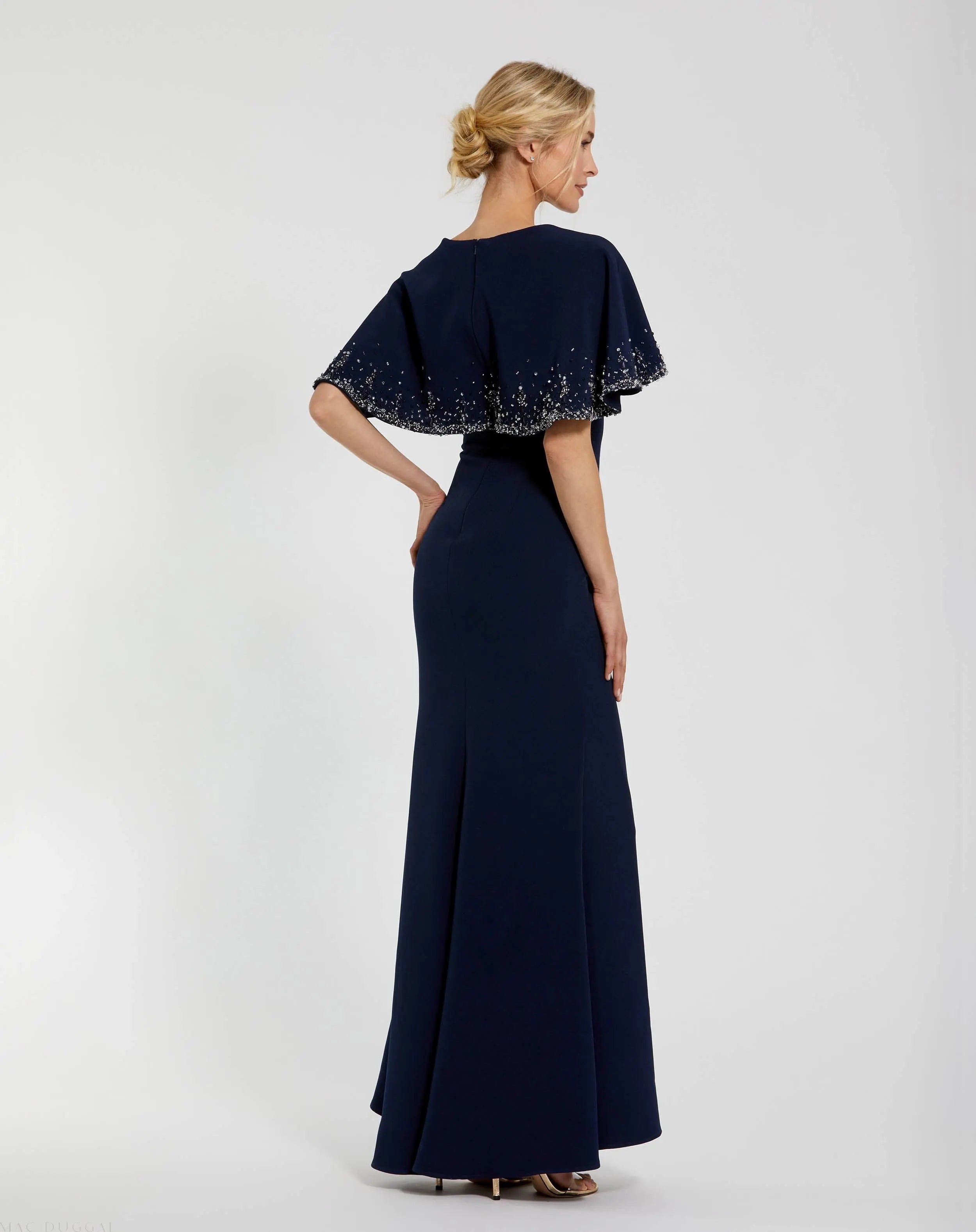 Navy Crepe High Neck Fitted Gown With Beaded Shawl