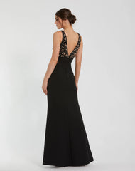 Black Crepe Sleeveless Beaded V Neck Gown With Bow