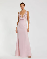 Crepe Sleeveless Beaded V Neck Gown With Bow