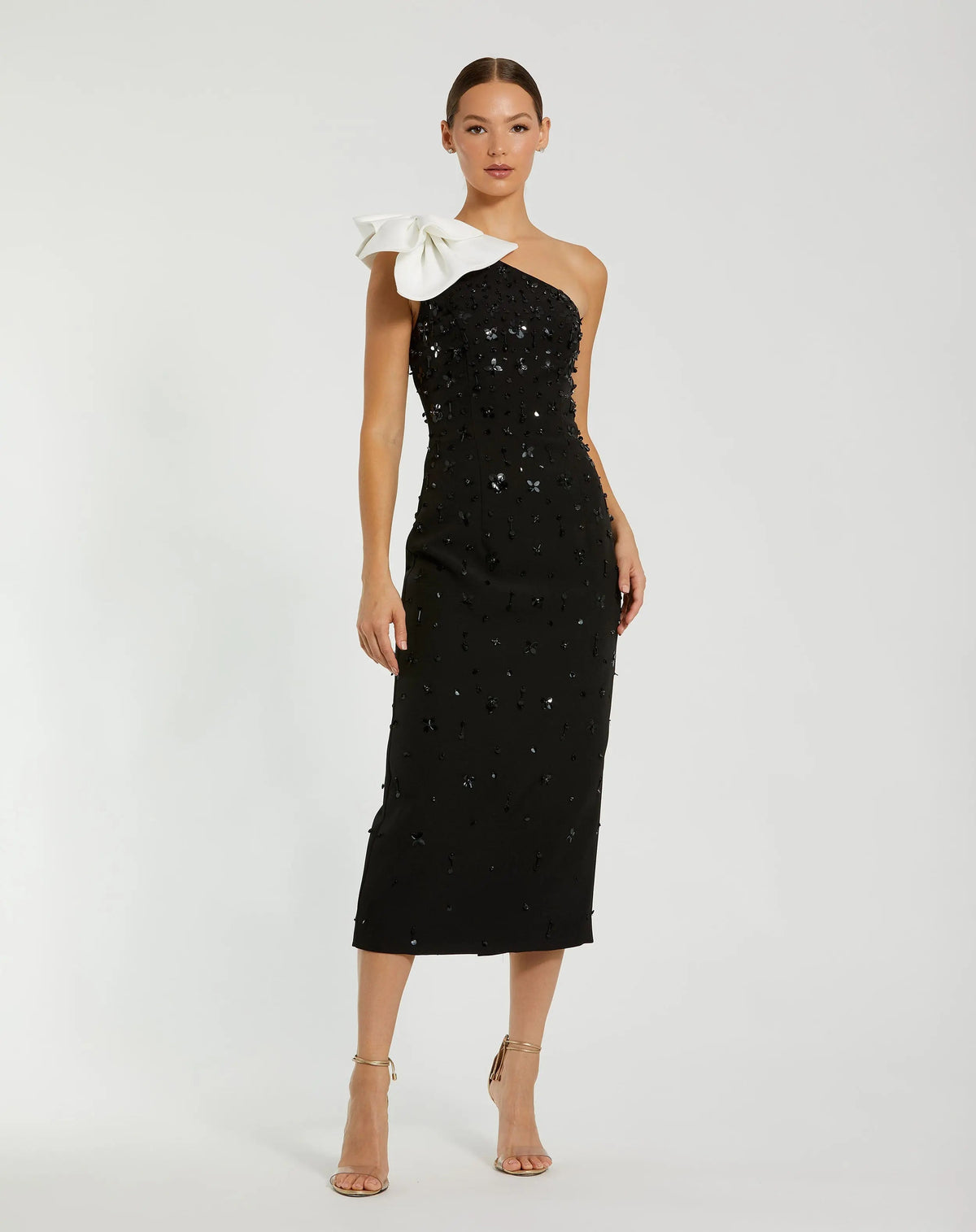 Black Crepe One Shoulder Beaded Midi Dress With Bow