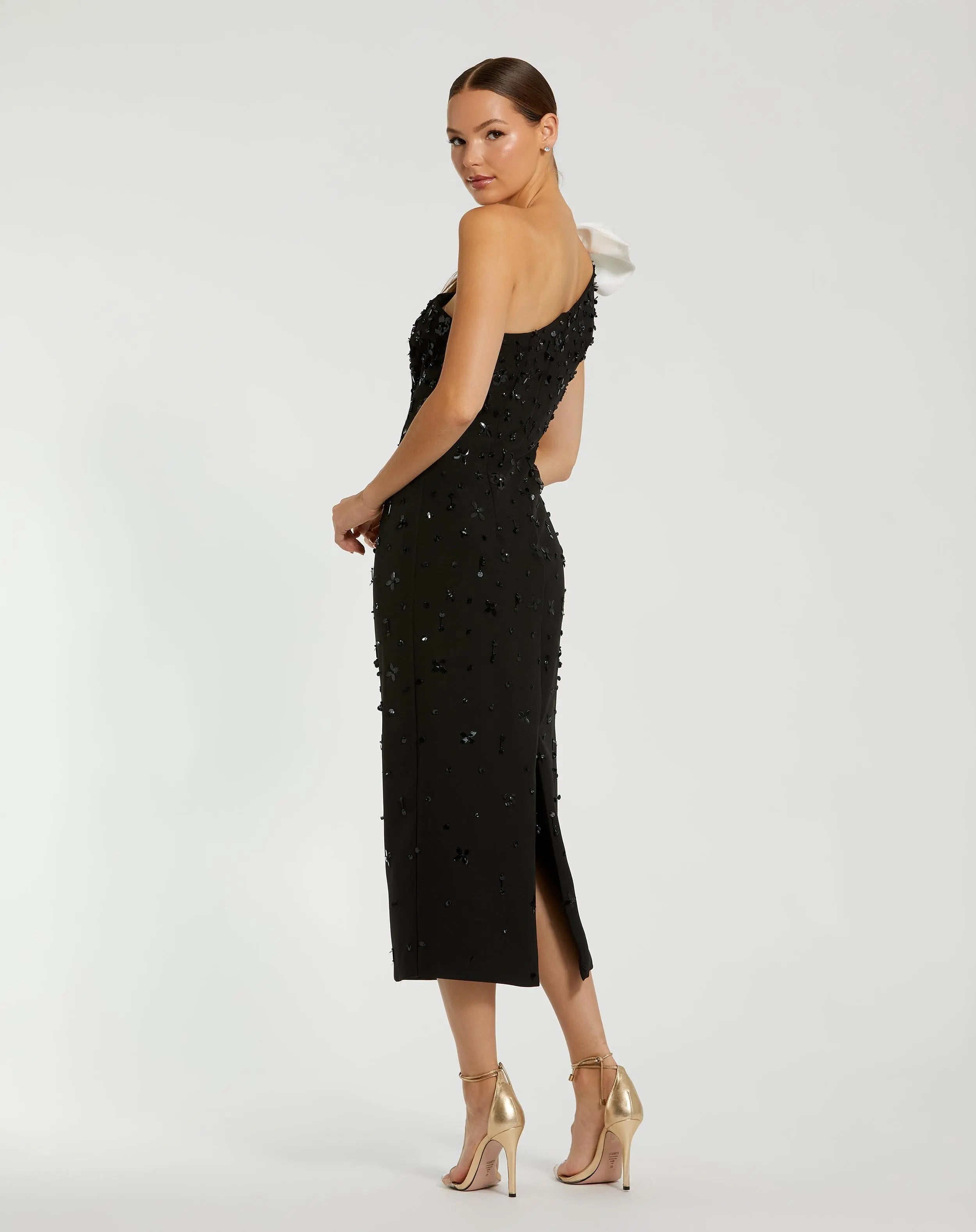 Black Crepe One Shoulder Beaded Midi Dress With Bow