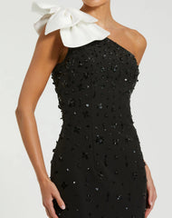 Black Crepe One Shoulder Beaded Midi Dress With Bow