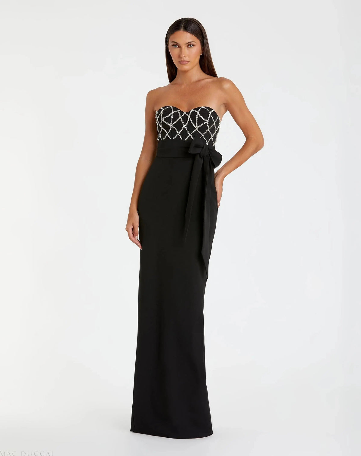 Black Strapless Embellished Crepe Gown With Bow