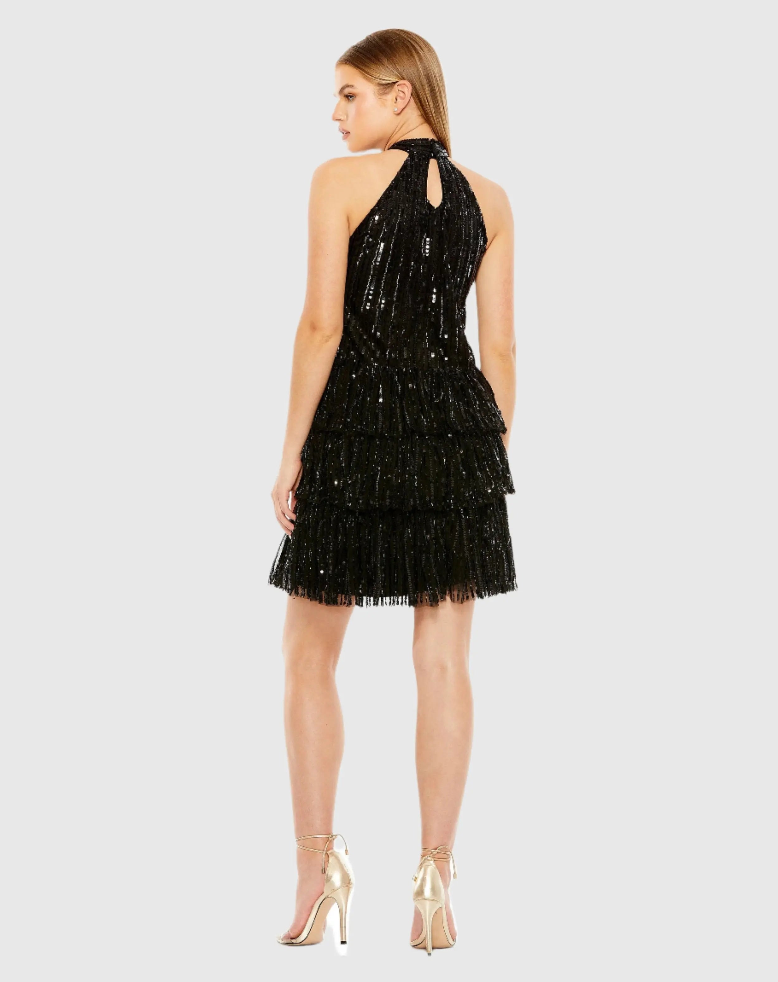 Black High Neck A-Line Ruffle Sequin Mini Dress