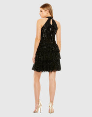Black High Neck A-Line Ruffle Sequin Mini Dress