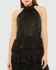Black High Neck A-Line Ruffle Sequin Mini Dress
