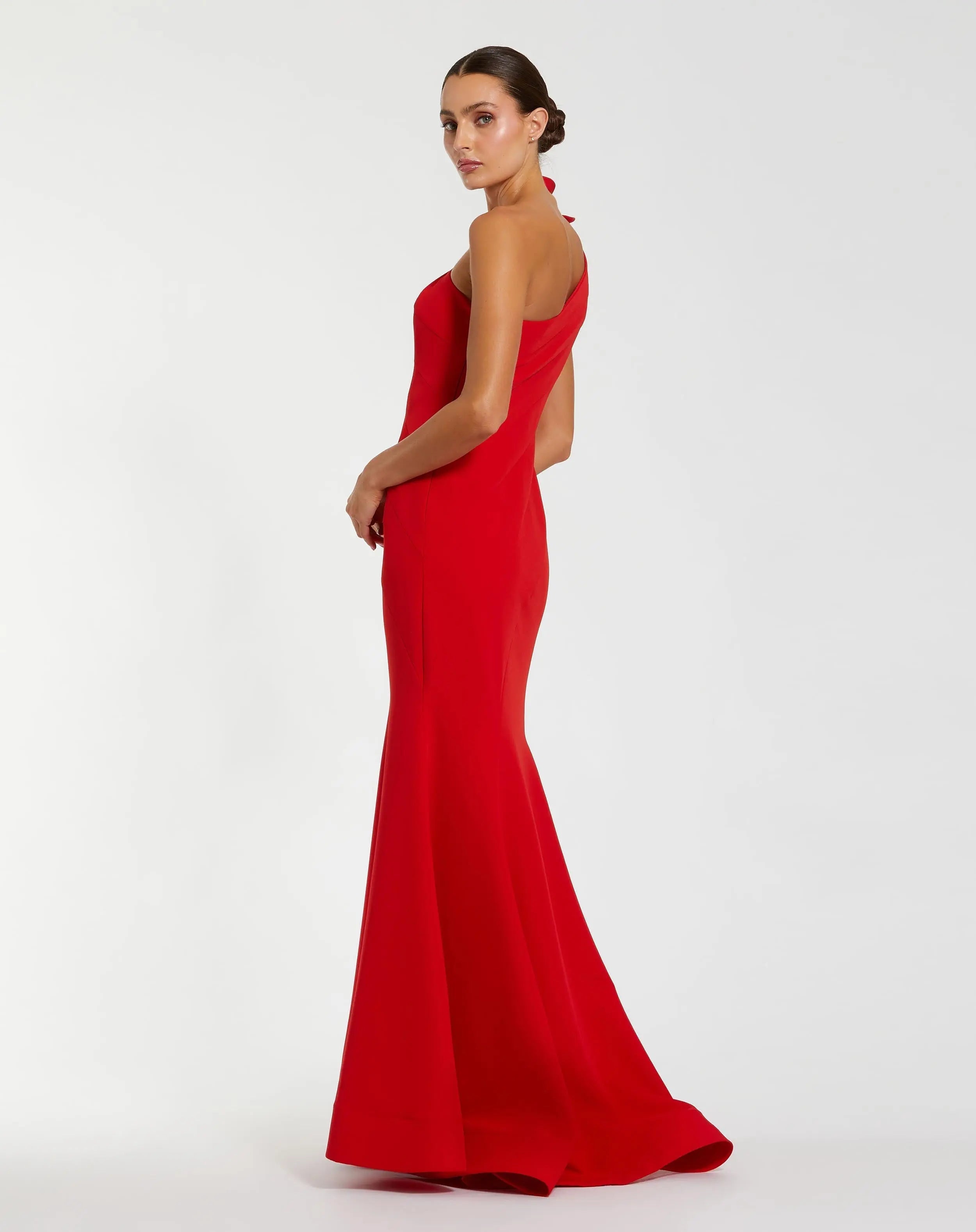 Red One Shoulder Mermaid Gown With 3D Flower