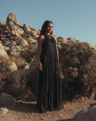 Black Sleeveless Halter Neck Embellished Trapeze Gown