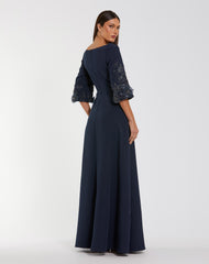 Navy Crepe Gown With Floral Embellished Sleeves