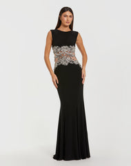 Black Sleeveless Jersey Gown With Beaded Waist Detail