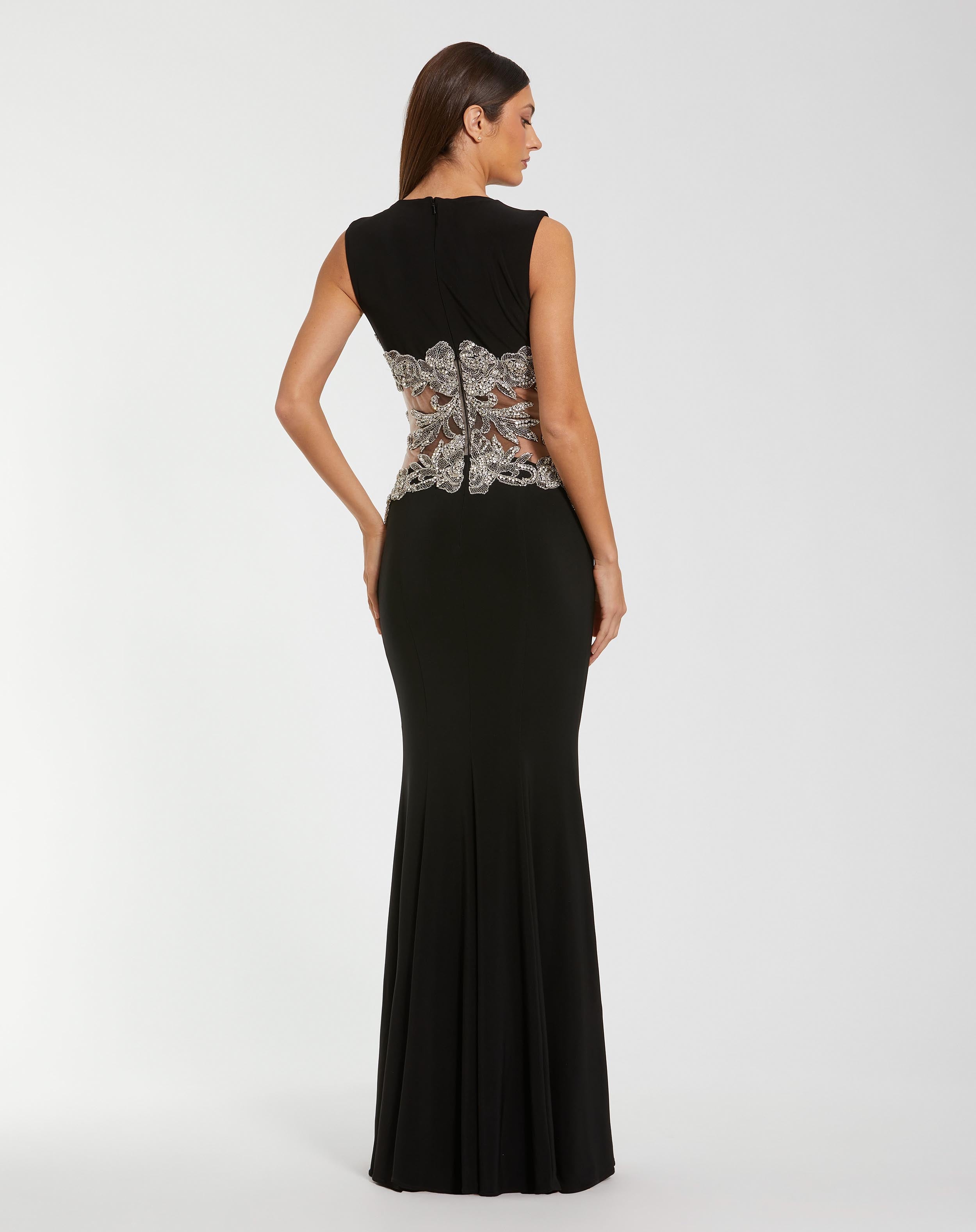 Black Sleeveless Jersey Gown With Beaded Waist Detail