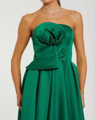 Green Strapless Satin A Line Midi Dress With 3D Flower