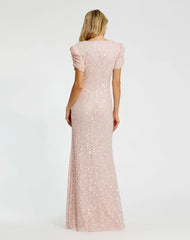 Pink Gathered Short Sleeve Embellished Gown