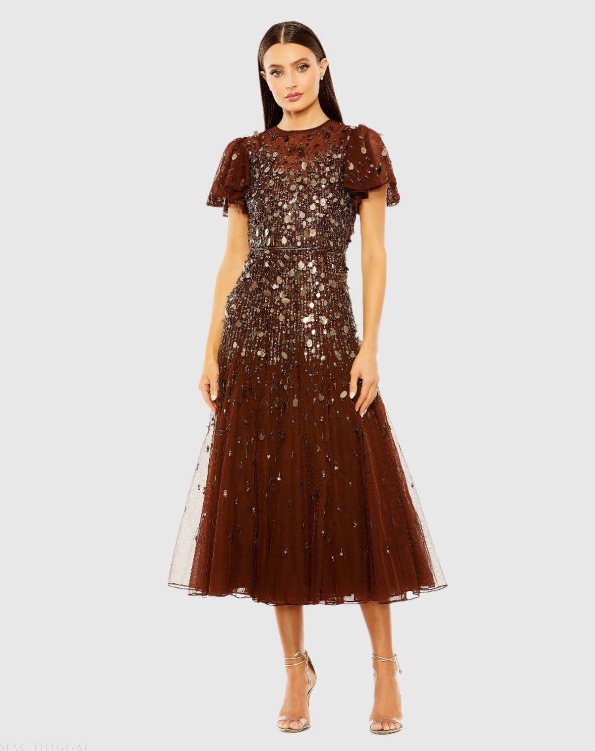 Brown High Neck Flutter Sleeve Beaded Dress