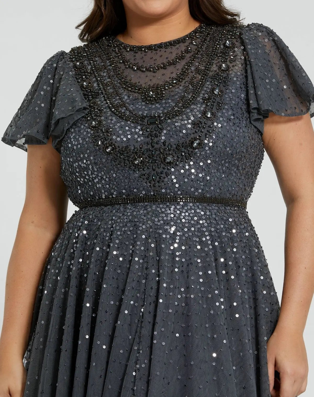 Gray Embellished Flutter Sleeve Evening Gown (Plus)