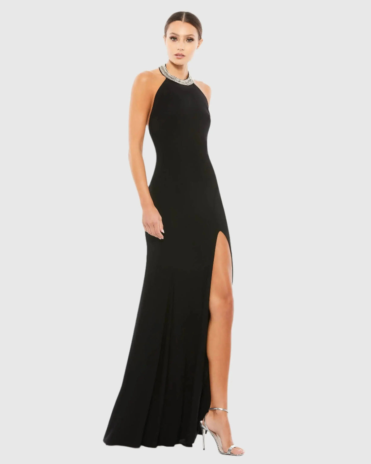 Black Beaded Halter Jersey Gown