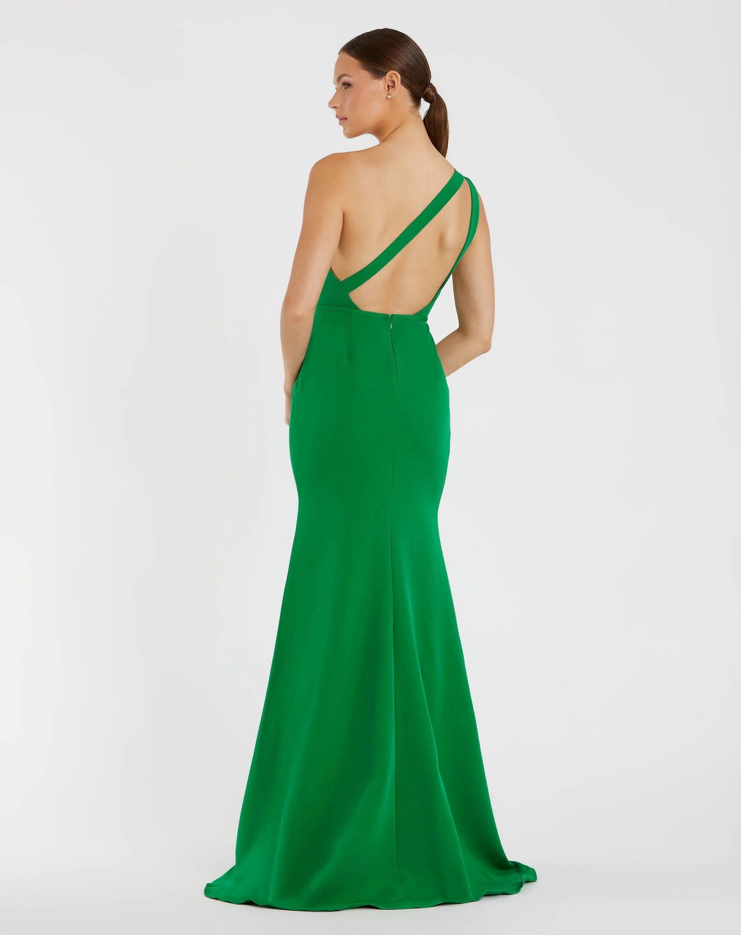 Green One Shoulder Crepe Mermaid Gown