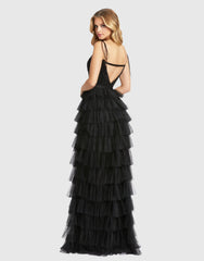 Black Sequined Bustier Tiered Ruffle Gown