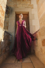 Purple Pleated Plunge Neck Belted A Line Gown