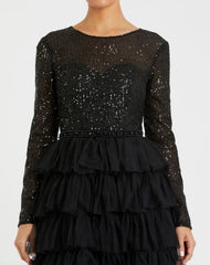 Black Long Sleeve Ruffle Tiered Midi Dress